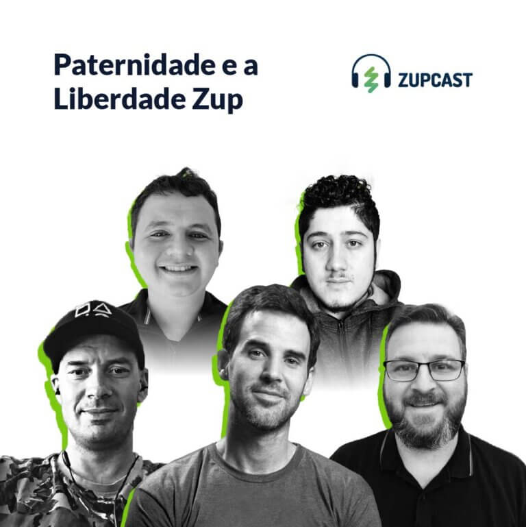 Capa do ZupCast sobre Paternidade e o programa Liberdade da Zup com o rosto dos participantes do projeto.