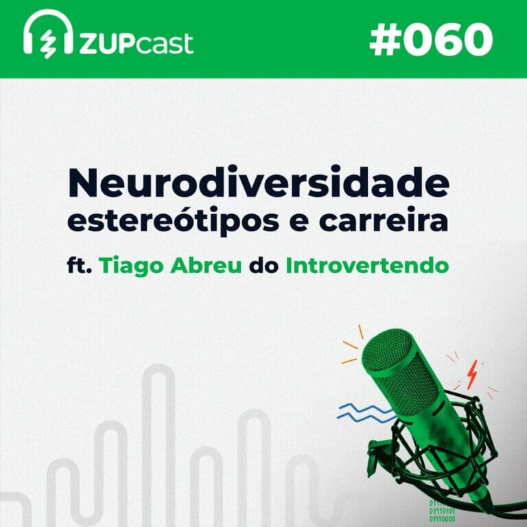 Na parte superior da imagem está uma linha verde em que está "ZupCast" e o logo da Zup dentro de um fone de ouvido. Do outro lado está "#060". Logo abaixo em um fundo cinza está escrito "Neurodiversidade, estereótipos e carreira ft. Tiago Abreu do Introvertendo" e há um microfone verde no canto inferior direito.