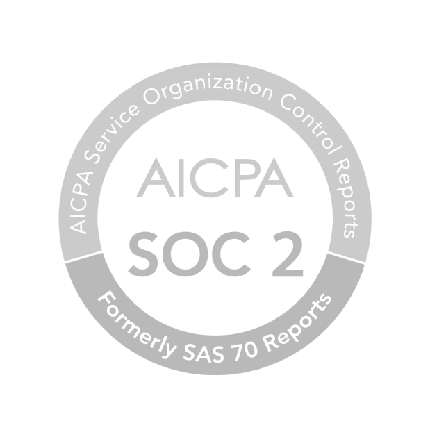 Imagem cinza clara da certificação SOC 2 do AICPA em formato circular, com a frase: AICPA Service Organization Control Reports (Relatórios de controlo de organizações de serviços AICPA) na parte superior, “Service Organizations” (Organizações de serviços) no meio e “Formerly SAS 70 Reports” (Antigos relatórios SAS 70) abaixo.